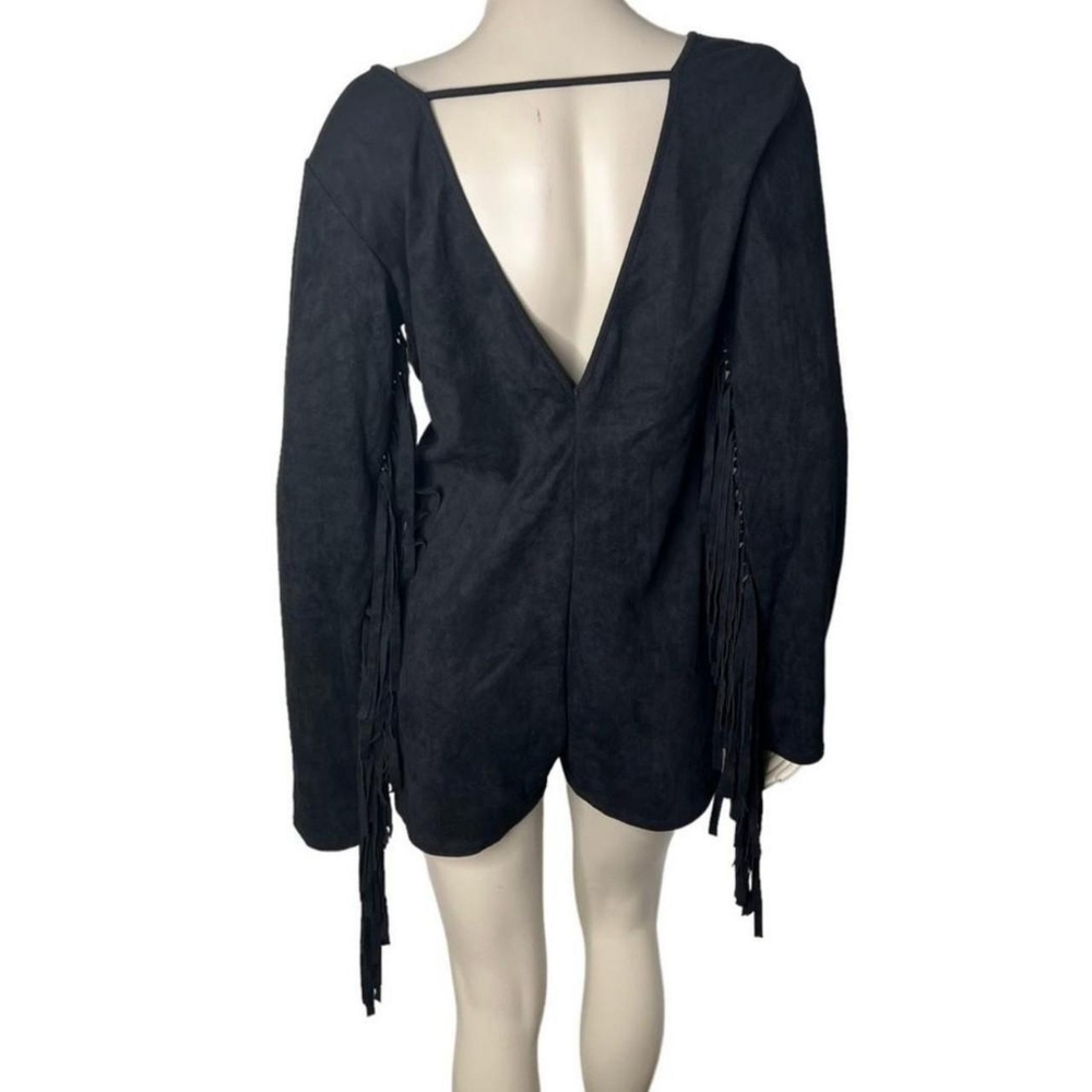 🆕Black Suede Low Cut Open Back Long Sleeve Fringe Thick Romper~Size 1 XL - Picture 7 of 8